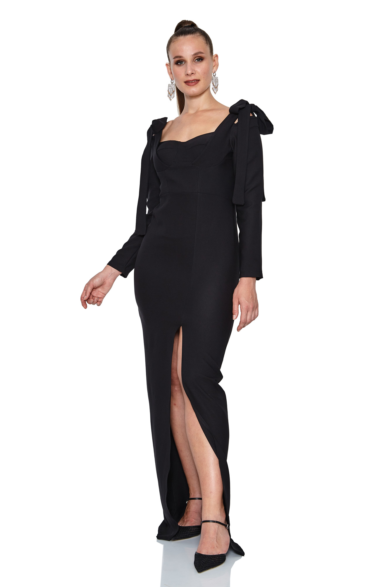 Black plus size crepe long sleeve uzun dress