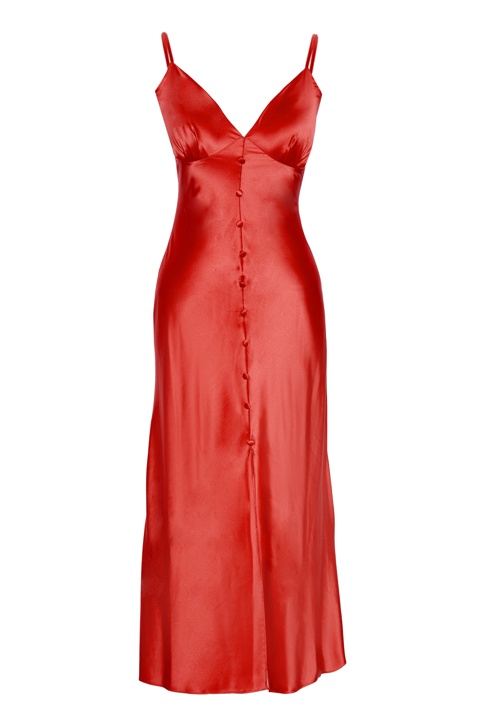 Kırmızı saten kolsuz orta boy elbise
