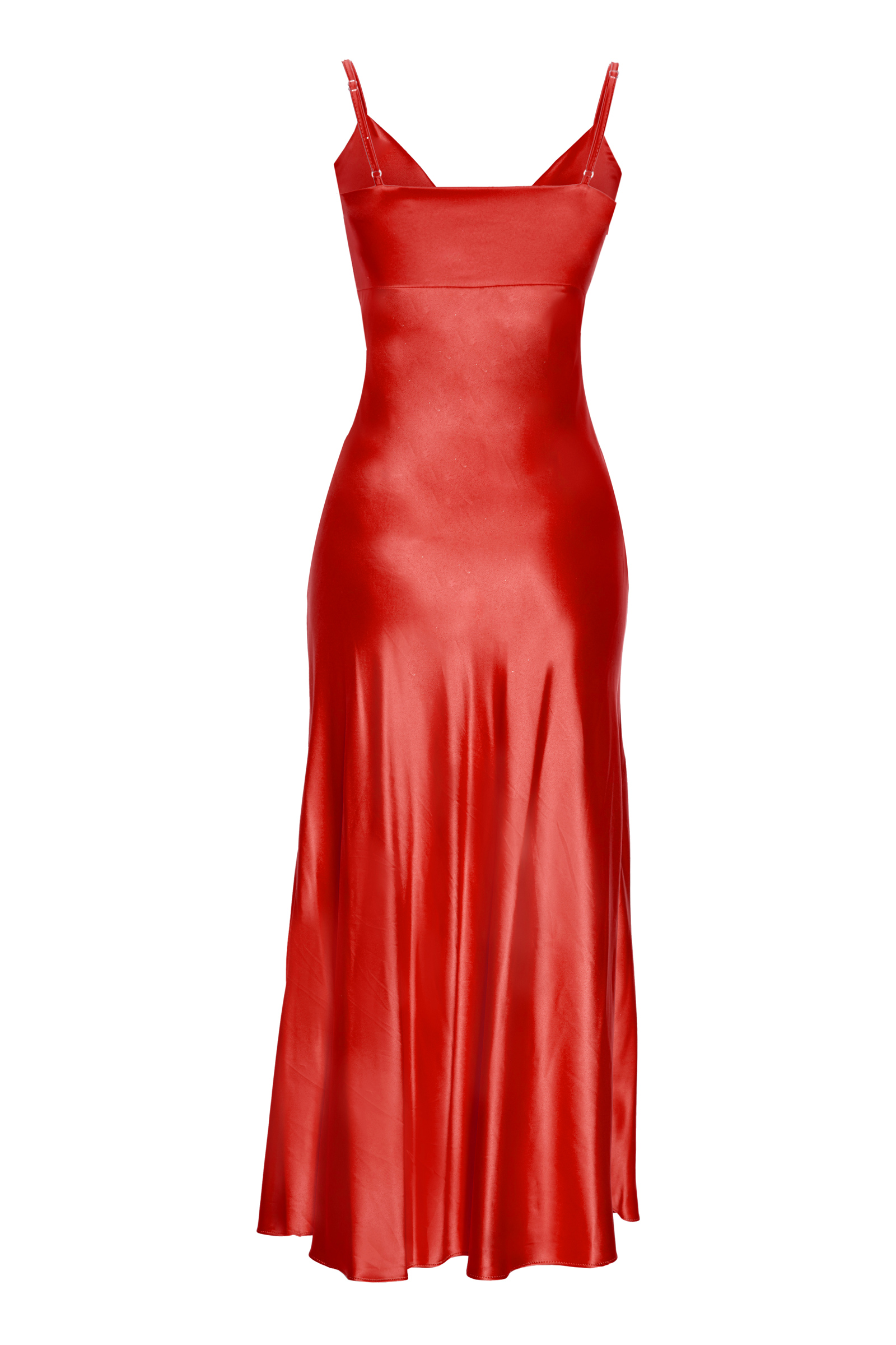 Kırmızı saten kolsuz orta boy elbise