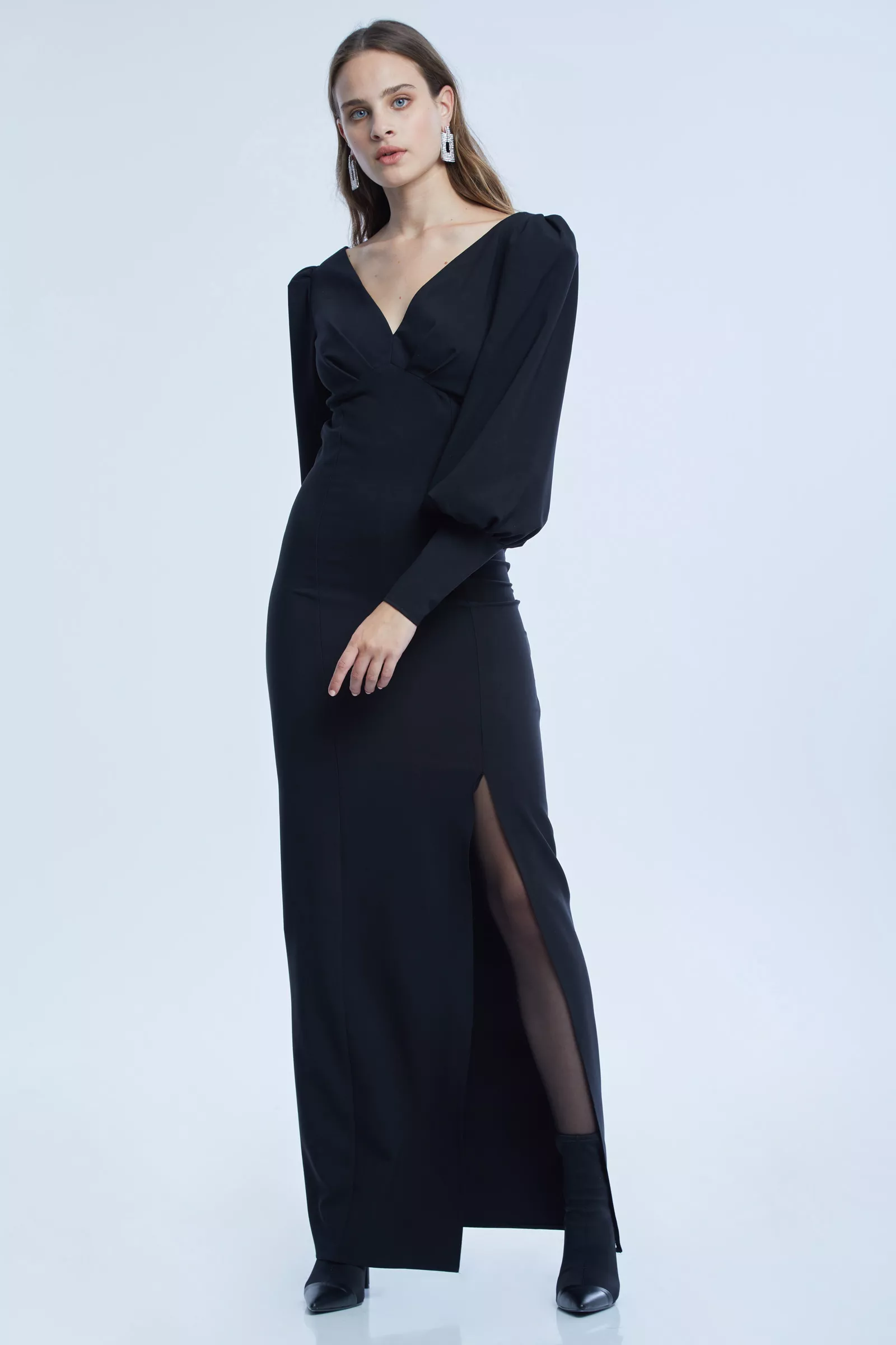 Black crepe long sleeve maxi dress