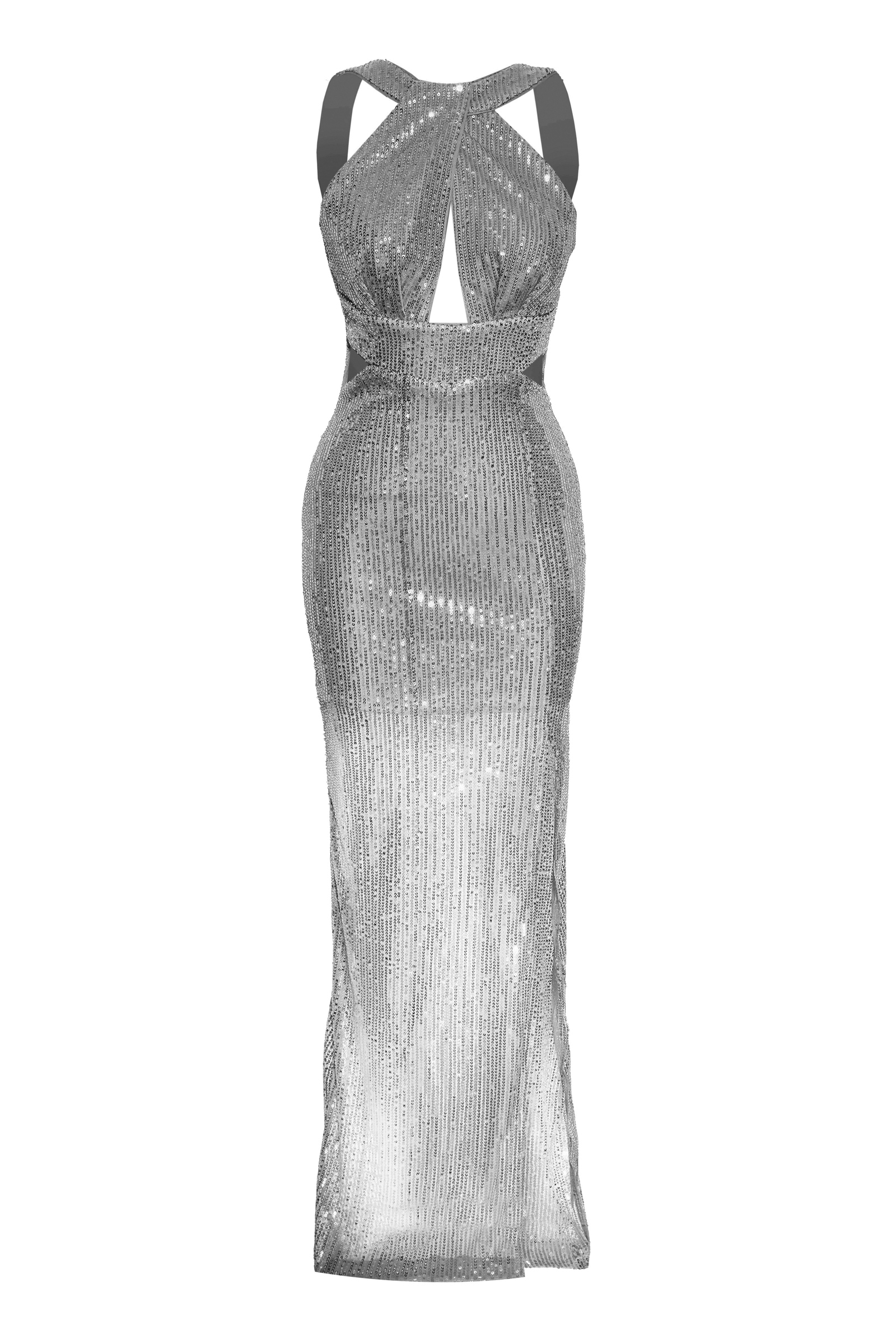 Gray Sequined Sleeveless Uzun Dress