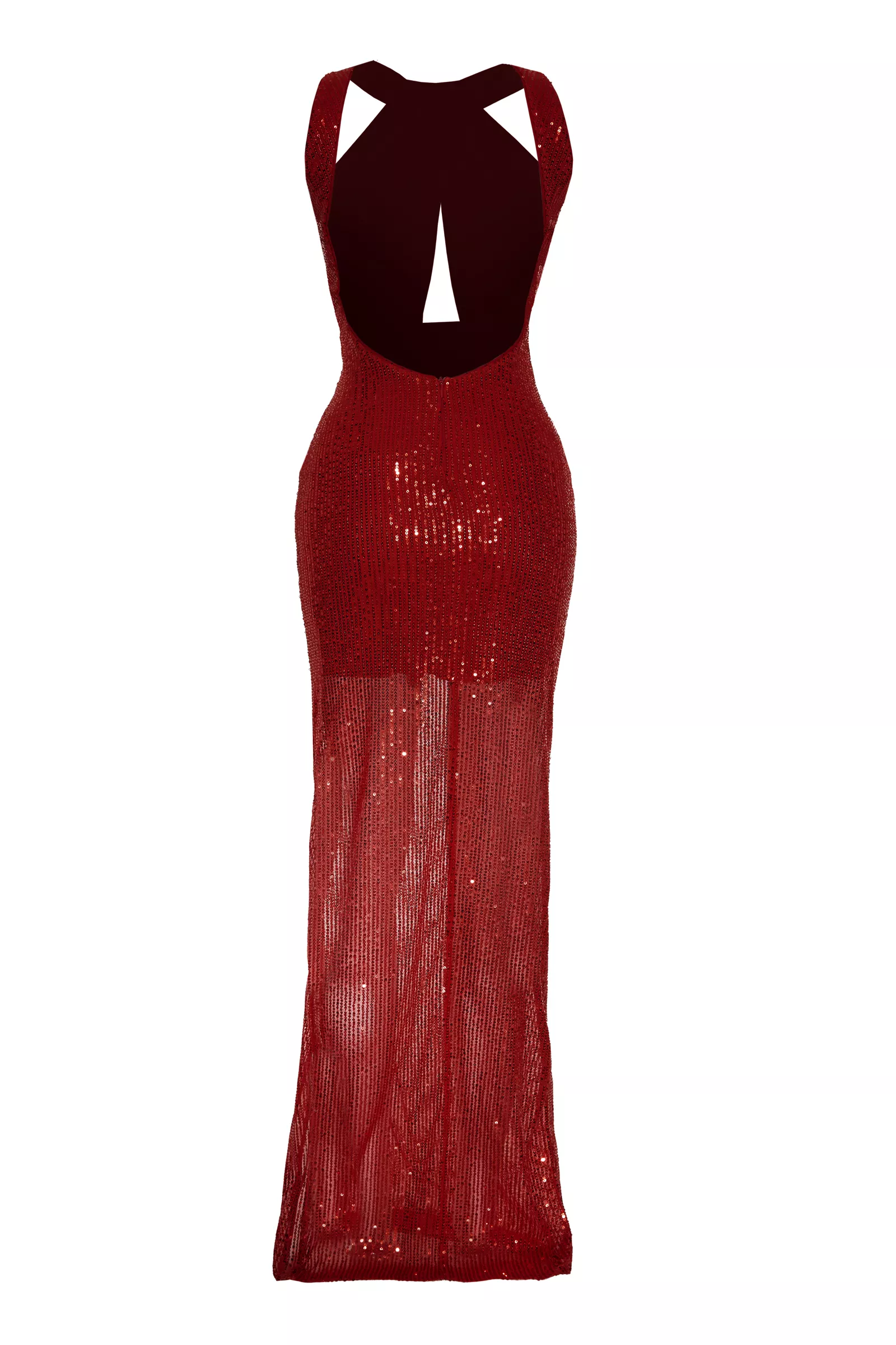 Maroon Sequined Sleeveless Uzun Dress