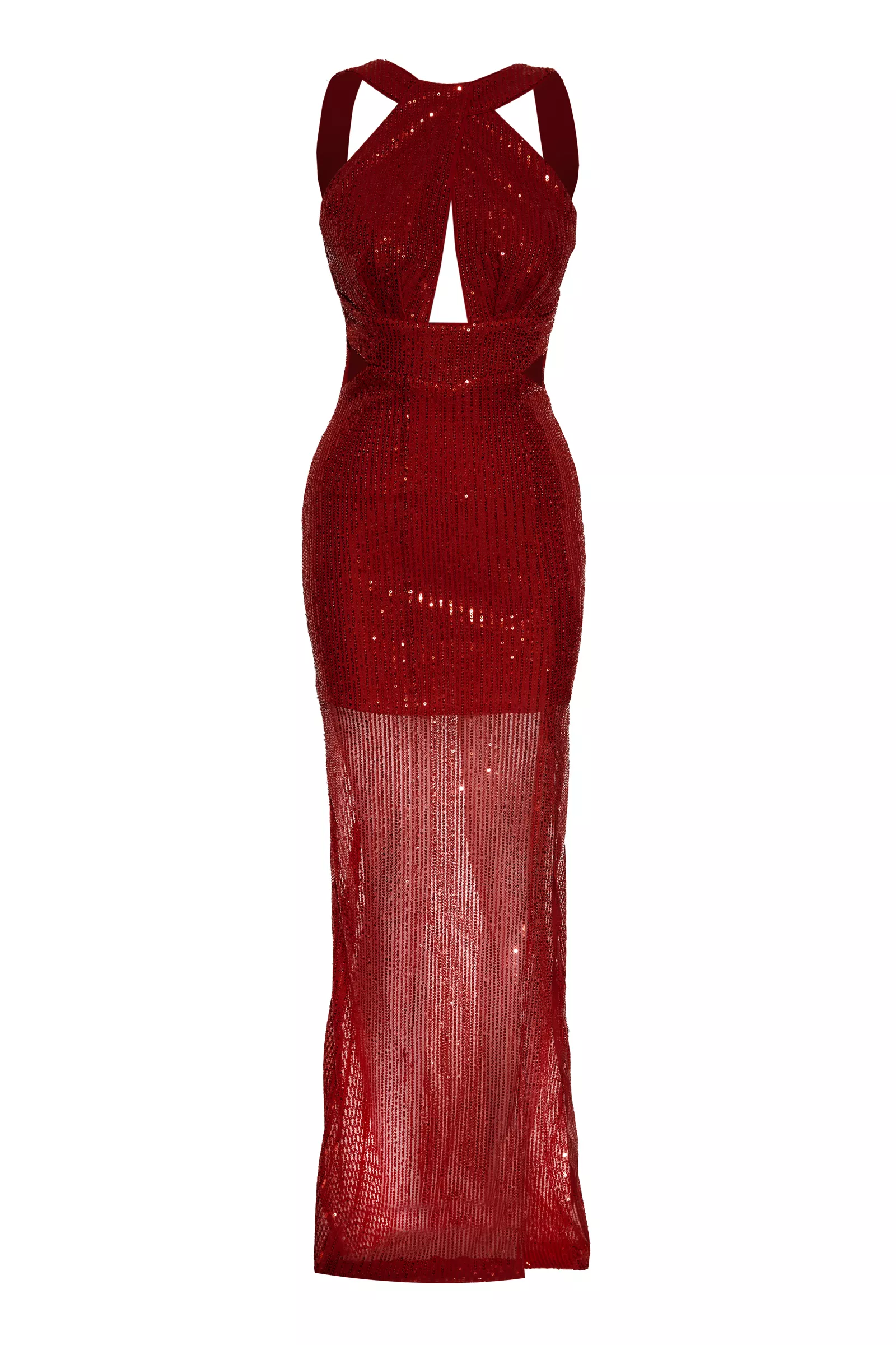 Maroon Sequined Sleeveless Uzun Dress