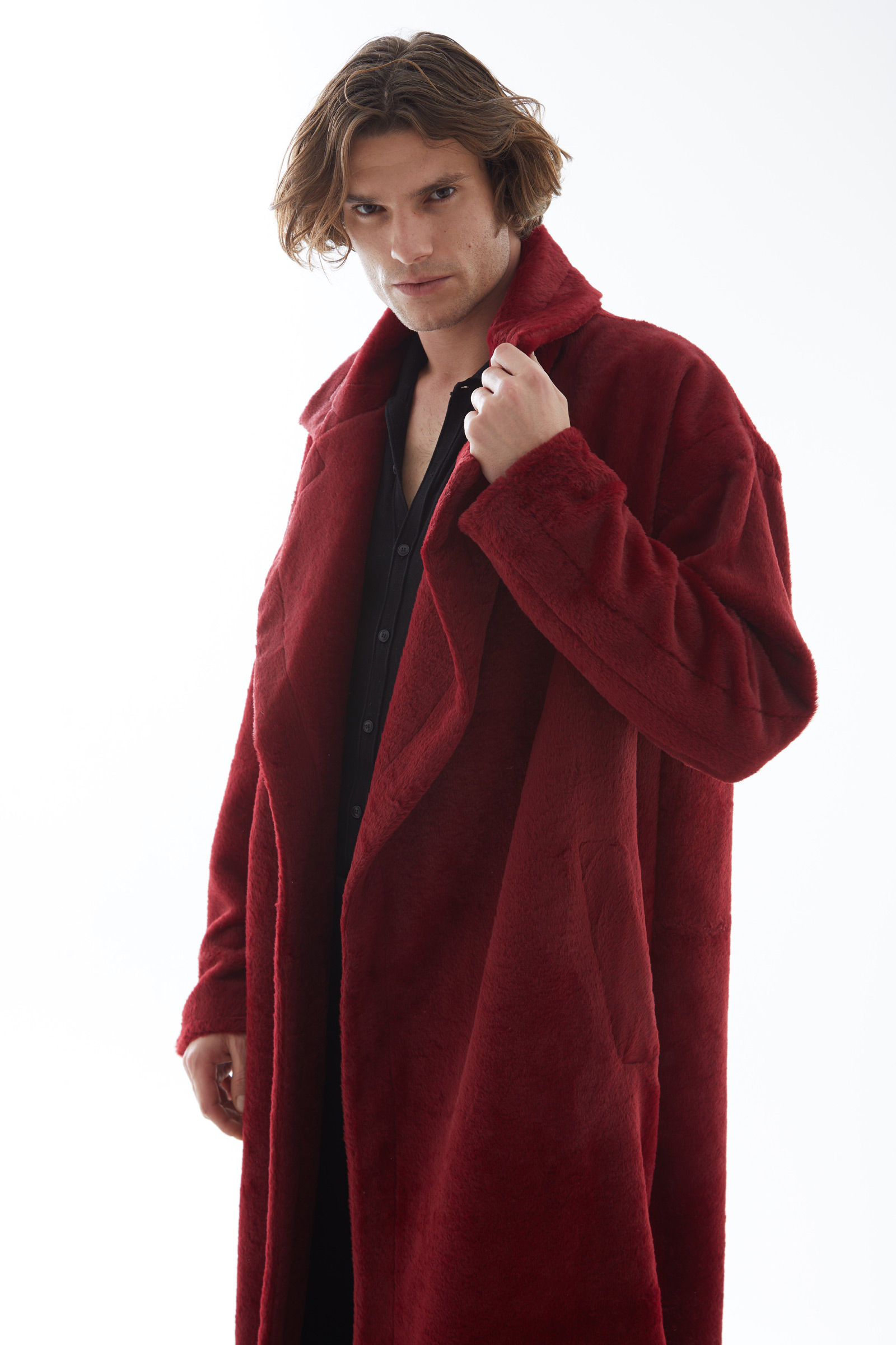Maroon Faux Fur Long Sleeve Maxi Coat
